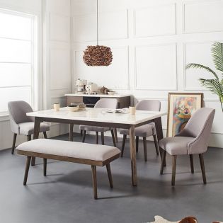  DR211-Ferraro  White Marble Dining Set  ( 1 Table + 4 Chairs + 1 Bench)
